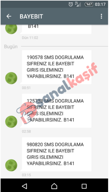 Bayebit Türk Kripto Para Borsası 4 bayebit sms onay görüntüsü
